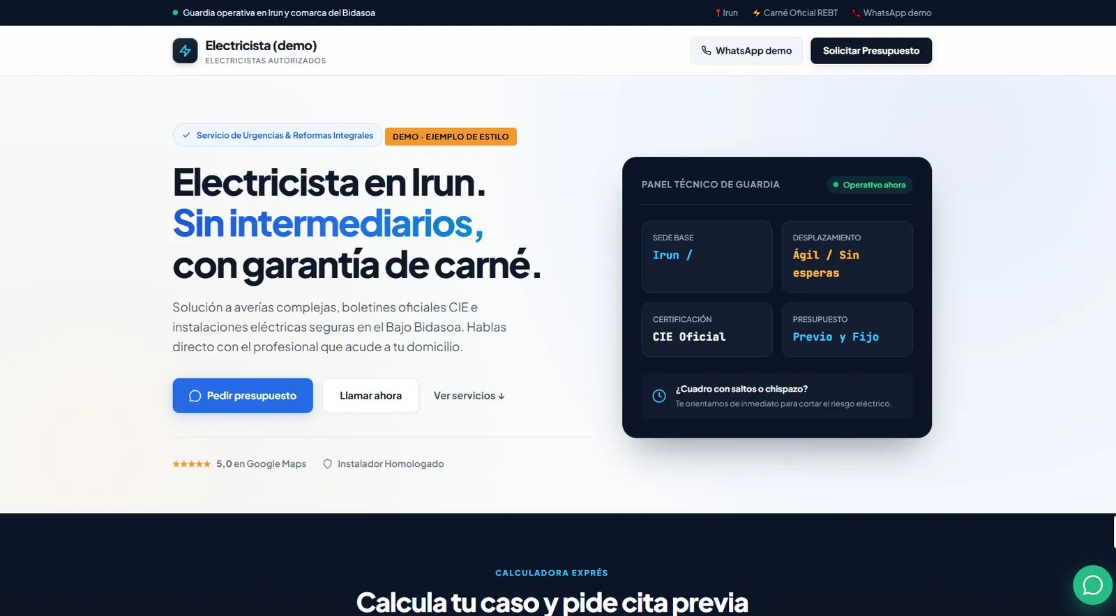 Irun eta Gipuzkoako elektrizista baten web adibidearen pantaila-argazkia