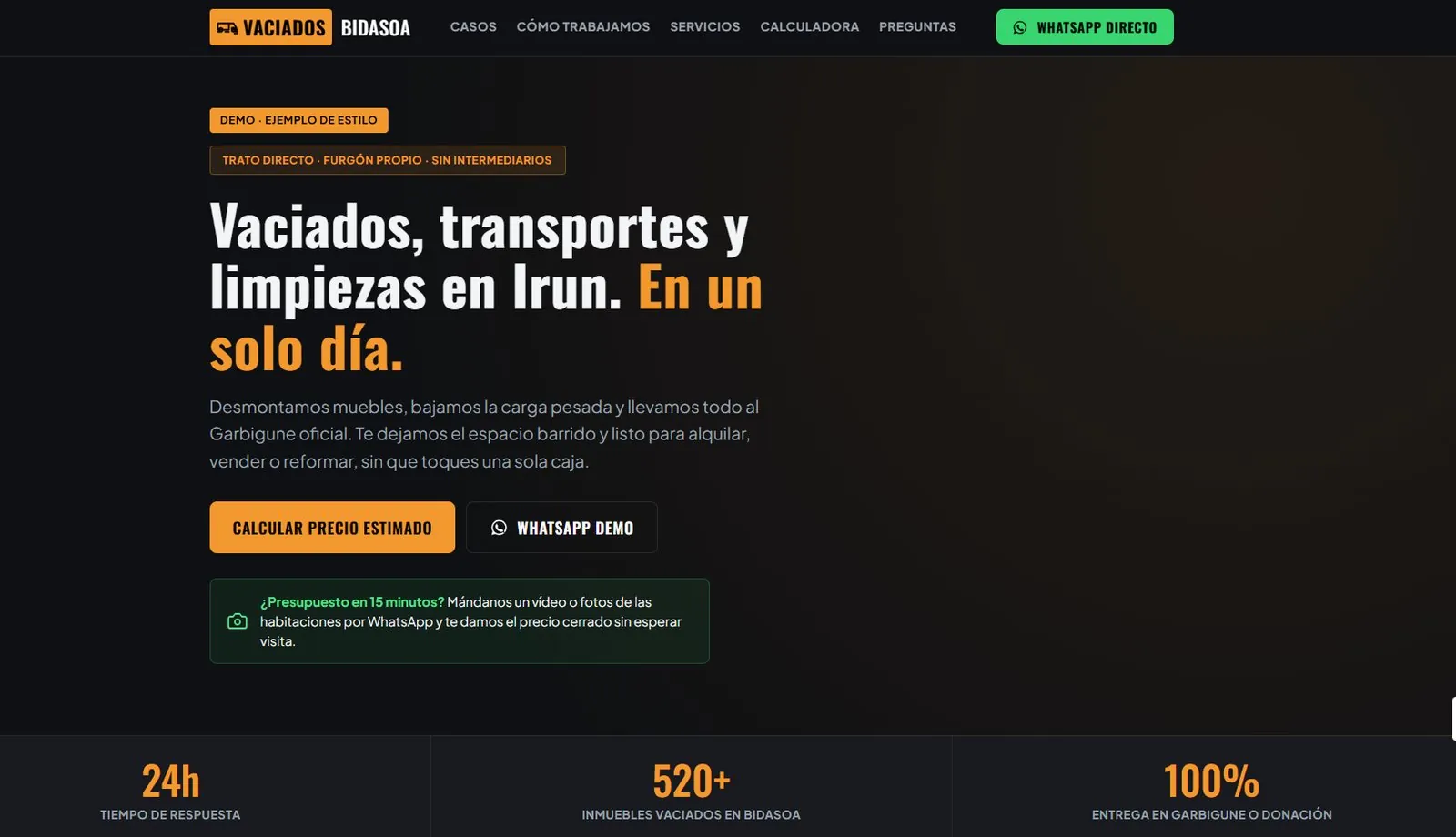 Gipuzkoako hustuketa eta garraio enpresa baten web laginaren pantaila-argazkia